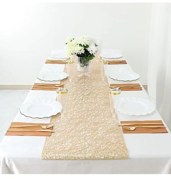 Gold Reversible Metallic Woven Vinyl Table Runner – Washable Plastic ...