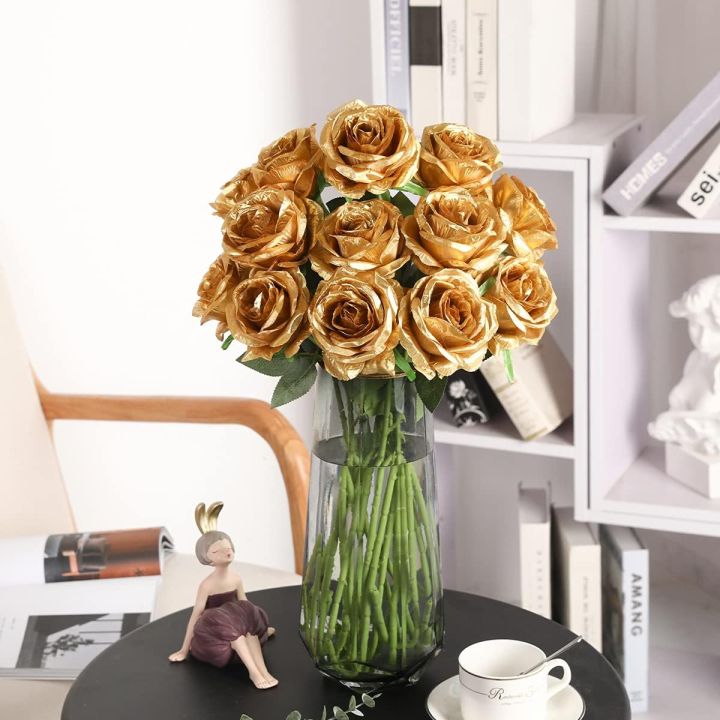Artificial Rose Bunch Flower silk flower decor home ornaments decorative for wedding party flowers-Golden
