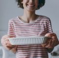 Techmanistan 13.5" Long Rectangular Stripped Ceramic Tray, Oven Safe Ceramic Dish, Baked Rice Baking Tray Cake Tray Pizza Oven Dinner Plate Korean Bowl, Ceramic Baking Dish, Porcelain Baking & Serving Dish, Baking Pan Casserole Dish, Lasagna Pan. 