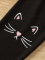 2 Pcs Girls Cartoon Cat Print Short Sleeve Tee & Cat Print Pants Set. 