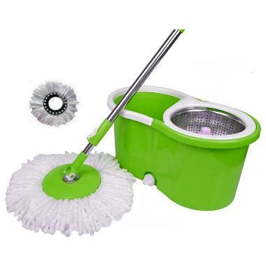 [Steel] Rotating Spin Mop 360 with Bucket & Wheels - 01 Microfiber Cloth Refill Included (Extendable and Retractable) Steel / Plastic
