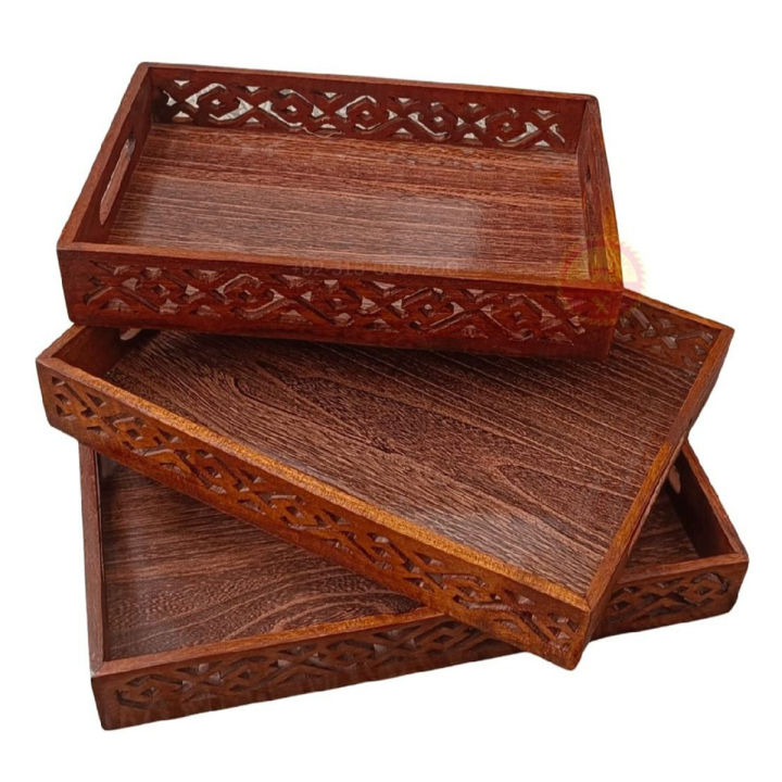AL-SADIQ TRADERS |  Wooden Serving Tray Set of 3 Wooden High Quality Trays with handles Different Sizes Solid Bamboo Wood Serving Trays for Tea Coffee Food Platter Household Kitchen Multipurpose Use customized