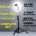 26cm Ring Light With Mobile Holder With and without 7Feet Tripod Stand in Three Different Mode Light (Select your Variation). 