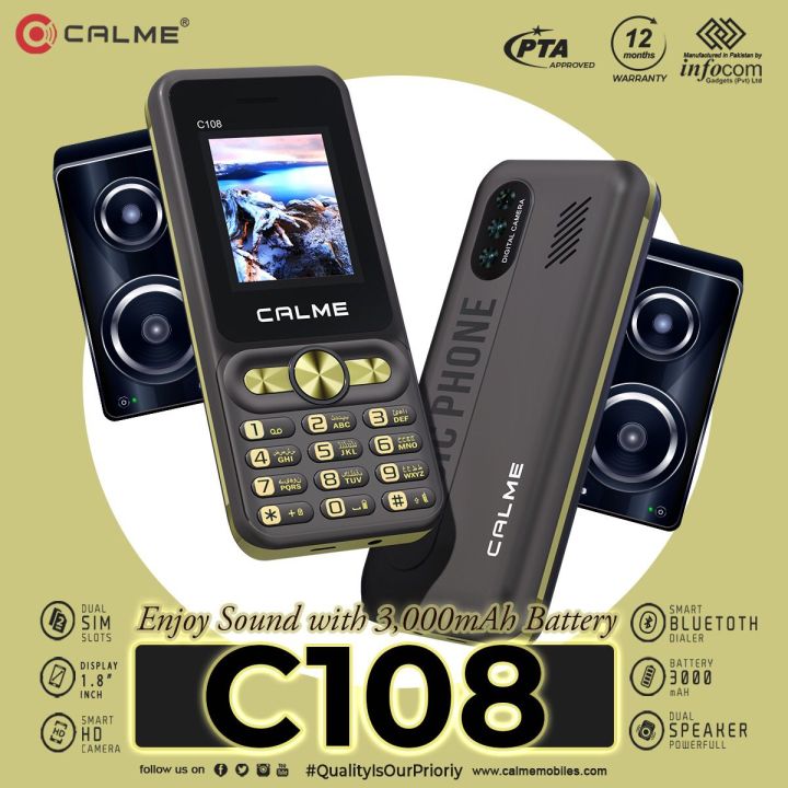 Calme C108 - 1.8 HD Display - 3000 mAH Battery - Dual Sim - PTA Approved - Wireless FM Radio - Smart HD camera - Dual Powerful Speaker - Bluetooth & Bluetooth dialer - Auto call recording - 1 Year Brand warranty