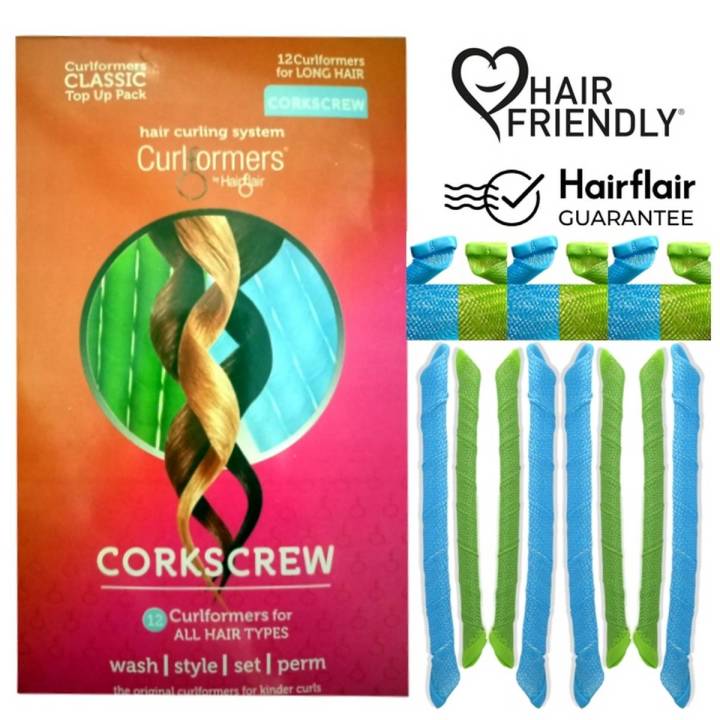 Hair Curler Set Tools Curlformers Top Up Pack For Long Hair Corkscrew Hair Curling System No Pins Clips Color Hair Curlers Corkscrew Curls Top Up Pack, 8 No Heat Hair Curlers (Styling Hook Included)