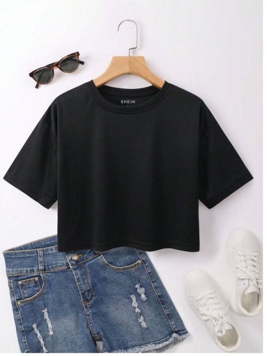 Plain Crop Tops Summer Round Neck Half Sleeves Gym Casual Printed