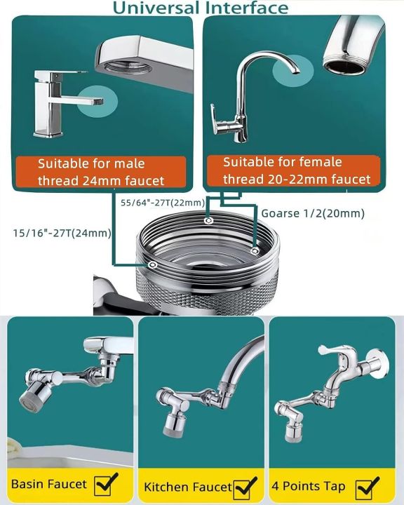 Universal Splash Filter Faucet 1080 Rotating Faucet Extender Aerator Non Splashing Swivel Sink Faucet Head with 2 Water Outlet Modes for Bathroom and Kitchen