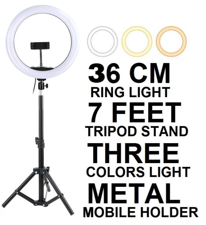 7 Feet Tripod Stand with 26 CM / 36CM / 45CM Selfie Ring Light & Mobile Phone Holder for Tiktok Videos Best Quality Metal Tripod Tiktok Light - Photography Kit