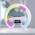 3 in 1-Latest/Smart-G shaped, Wireless charger-Pad/Stand, Multifunction-USB\Bluetooth Speaker, Alarm-Digital Clock, Led/Night-Lamp/Lamps for-room/Side table/Bedroom-Atmosphere-Colorful, RGB lights-Wireless, Mini/Portable-Speaker/clock for study/table/desk. 