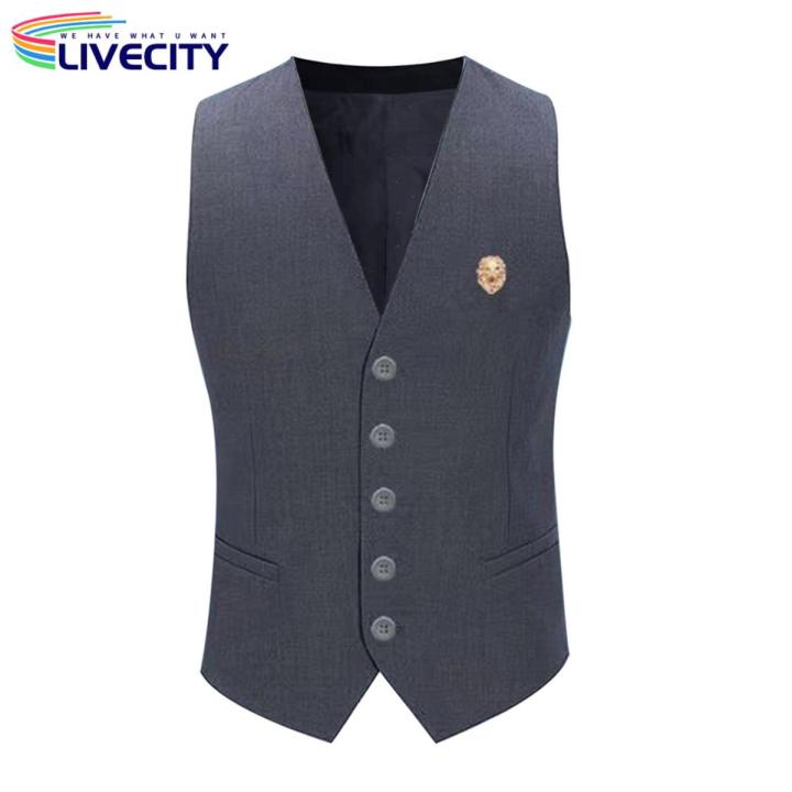 Suit Vest Top V Neck Single Breasted Pockets Waistcoat with Brooch
