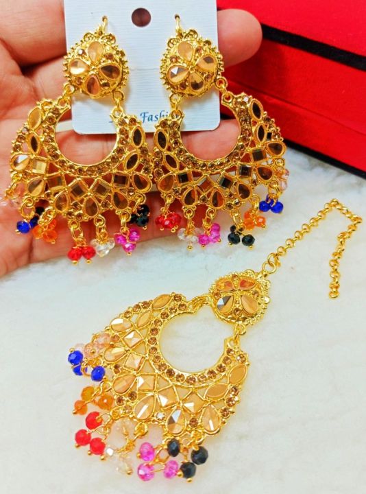 Artificial Golden Ear Rings With Beautyfull Tika New Big Pearl Latkan Style New Look Long Lasting Polish For Beautyfull Girls Artical 856033413