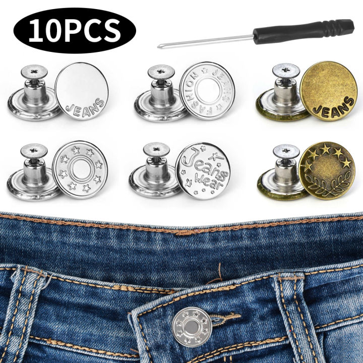 10Pcs/Set Alloy Jeans Screw Button Detachable Snap Fastener Pants Pins Nail Free Jeans Adjustable Waist Buckles Sewing Buttons Set