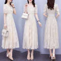 Women Elegant Party High Waist Short A e Sundress ral Leisure Puff Sleeve White Long Dresses. 