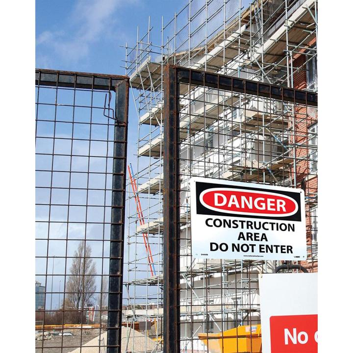 Sign Board, Legend "DANGER - CONSTRUCTION AREA DO NOT ENTER", 14" Length x 10" Height, Pressure Sensitive Vinyl, Red/Black on White