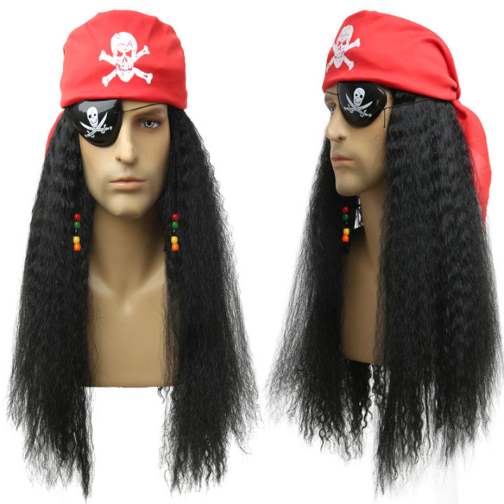 [ New ] Pirate Wig Men and Women Dress up Black Curly Hair coplay Caribbean Captain Jack Pirate Hat