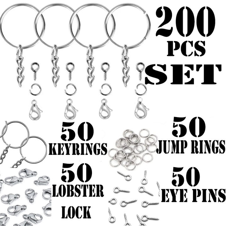 200 pcs Keychain Open Jump Rings, Eye Pins, Lobster Locks Hook Jewelry Making Accessories Art Kits for DIY Epoxy Resin Key Chain Key Ring Pendants