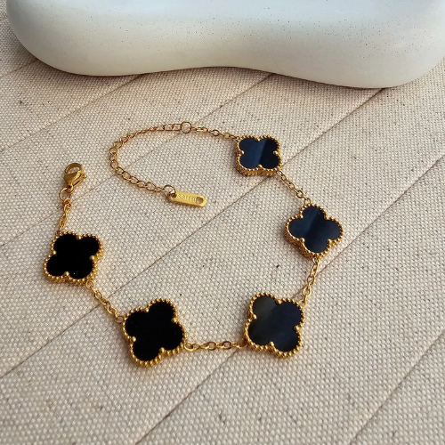 : Elegant Stainless Steel bracelet, Black Clover double side Stylish Bracelet, four leaf bracelet for Women and Girls  Fashionable Stainless Steel Jewellery Collection , Gold plated bracelet