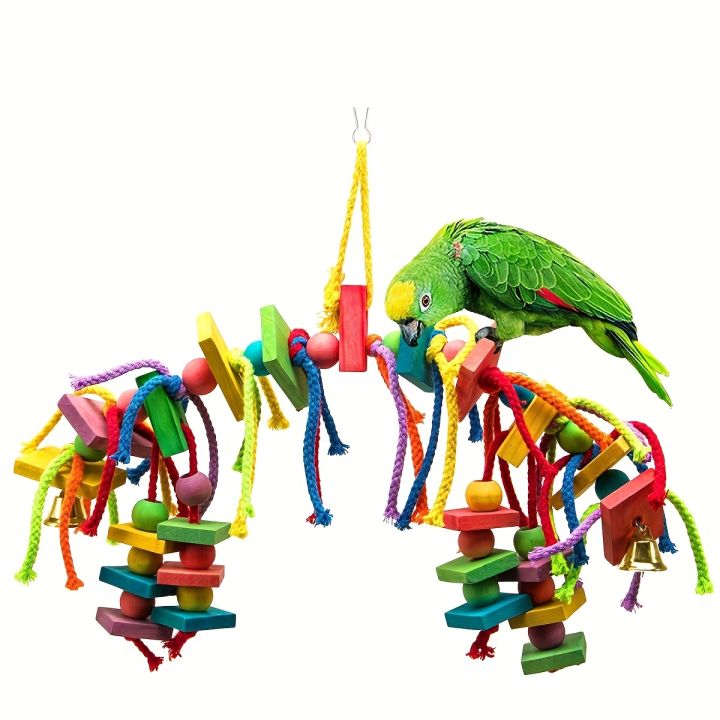 Curated visual reference: Fresh Look at Pc Colorful Wooden Chew Block Parrot Toy With Hanging Ropes