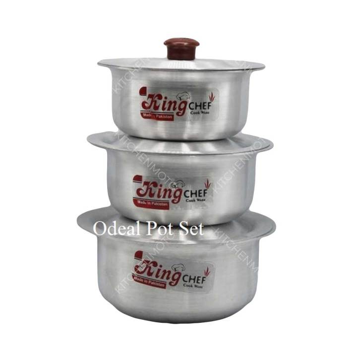 Pot Set Aluminium With Metal Finish 3 Pieces ڈیگی سیٹ Degchi Set Bowl pot with Lid Cover Stock Donga 3 Piece Set with Lids Kitchenware Pot Silver Steel