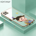 Hontinga for Samsung Galaxy A22 5G Back Cover（Free Lanyard）Luxury 6D Plating Cute Cartoon Happy Girl Side Pattern Case Soft Silicone Square Phone Cases. 