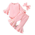 Baby Girls Autumn Outfit Sets Pink Long Sleeve O Neck Romper + Daisy Print Flared Pants + Headband. 