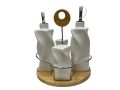 4 Piece Condiment Set with wood tray. 