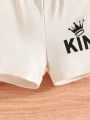 2pcs Infant & Toddler's KING & Crown Print Summer Outfit, T-shirt & Casual Shorts, Baby Boy's Clothes. 