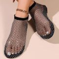 Women's Rhinestone Fishnet Flats – Breathable Slip-On Sparkle Shoes, Comfortable Low Heel Summer Casual Sandals. 