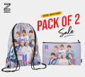 Pack of 2 BTS Drawstring Bag & BTS Pencil Pouch for Girls - Digital Printed On Cloth By Zezo. 
