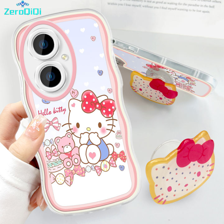 ZeroQiQi for Vivo Y27 4G Back Cover With Free Holder Cute Kitty Wavy Phone Case Camera Protection Transparent TPU Soft Cover for Girls