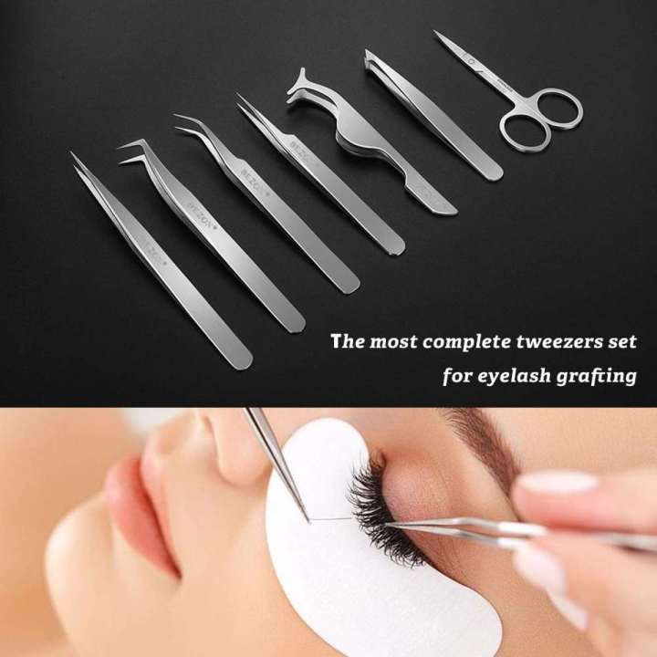 Eyelash Extension Tweezers Kit - Professional False Eyelashes Applicator Tools, Straight & Curved Eye Lashes Tweezer and Scissors - Set of 7 Lash Extension Tools