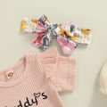 Infant Baby Girl 3 Pcs Outfit Sets, Letter Printed Ruffle Trim Short Sleeve Romper + Floral Print Shorts + Headband. 