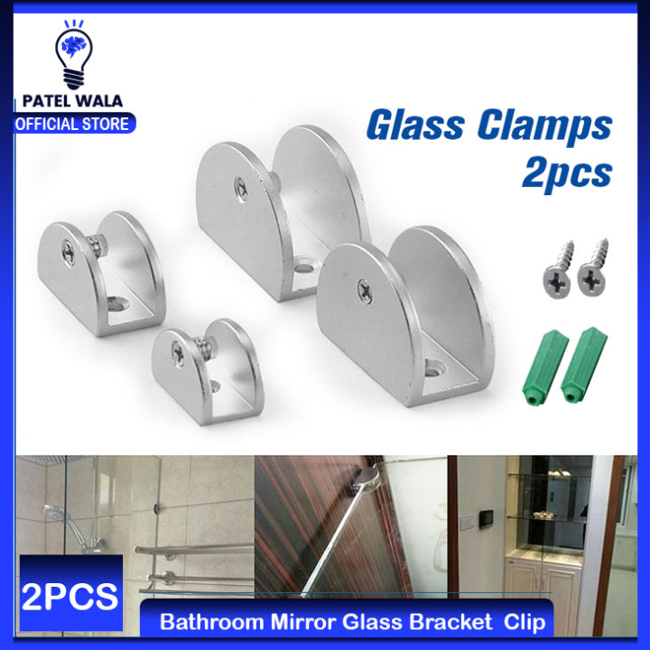 2PCS Bathroom Mirror Glass Clip Stainless Steel Half Round Glass Clamp Advertising Plate Glass Holder Shelf Clamp Bracket With Screws For Cupboard Door