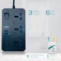 Adhesive Electrical Extension Board - 3 Universal Power Sockets + 6x USB Ports, 1.85m Extension Lead, 3000W-16A 250V - Black | Universal Socket Plug, Ideal for Home, Office or Travel  | Stick Anywhere|  Power Extension | Electric Extension |. 