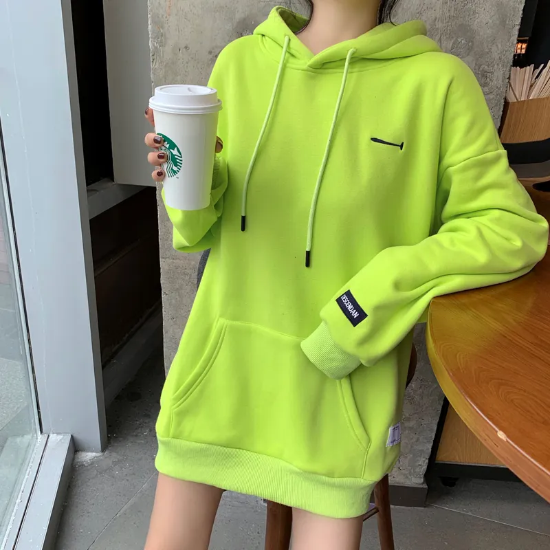 OIMG S49 Women S Loose Hooded Sweater Hoodie With Pocket Midi Long Length Solid Pure Tops Pullover Sweaters Female Hoodies Autumn Wear Daraz.pk