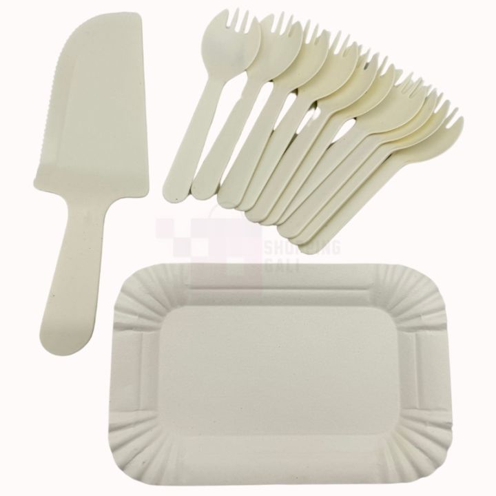 WHITE COLOR PARTY TABLEWARE - SET OF 10 - 10 PAPER PLATES 10 FORKS 1 PLASTIC KNIFE