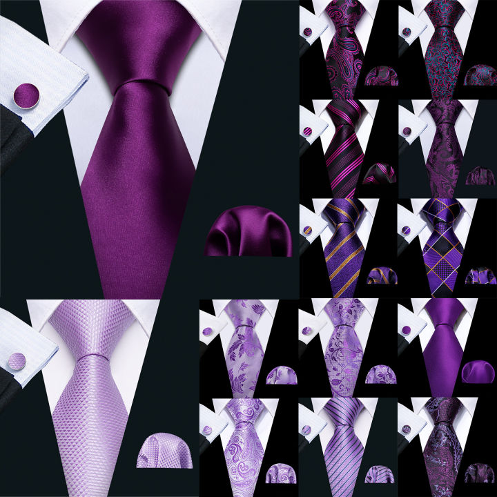 Sunfloweio Barry.Wang Purple Lilac Lavender Silk Mens Tie Handkerchief Cufflink Set Jacquard Floral Necktie for Male Wedding Business Party