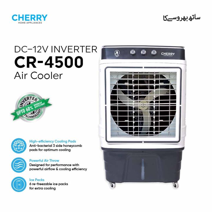 Cherry Air Cooler CR-4500 , DC-12V 70% Energy Saver Large Size , Plus Fast Cool , 90 Liters , Auto Swing and Turbo Cooling Technology , 4 Way Movable , Ice Box Technology , 1 Year Warranty , Works Only DC Battery , Solar & DC 12V Power Supplies