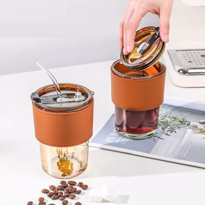 450ml Glass Tumbler with Straw, Lid & Leather Sleeve, Leather Sleeve With Protective Leather Sleeve, Reusable Glass Coffee Tumbler