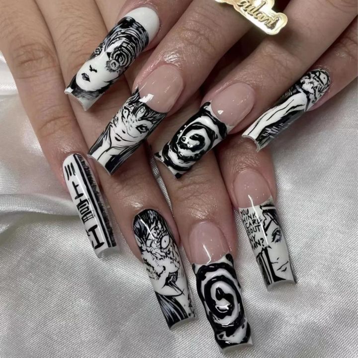 Horror Manga Gothic Style Nails Black White Anime Nail Art Press on Nails Nail Accessories Popular False Nails Nail Tips