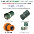 Quick Connect Hose Connector - 1/2 inch, 3/4 inch, 1 inch Inlet Pipes - for Gardening, Pressure Washers - Made in Taiwan - Rust Free - Heavy Duty Adapter - select from 4 variants. 