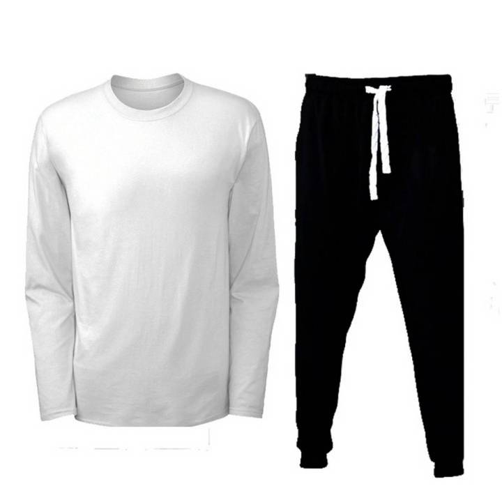 Plain White T shirt With Matching Trouser Full Sleeves Round Neck Cotton T Shirts Sports Wear For Men