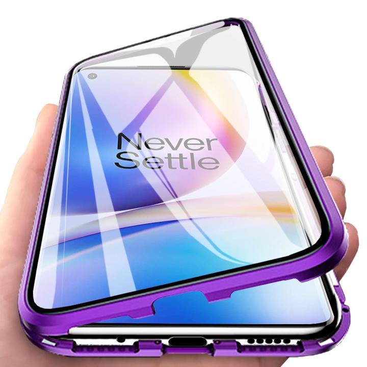 For OnePlus 8 Pro Casing 360° Full Body Transparent Tempered Glass with Magnetic Adsorption Metal Bumper Case Cover