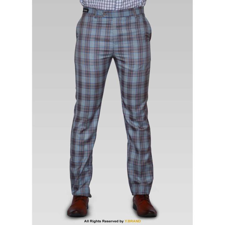 Y.BRAND-GREY SLIM-FIT PLAID CHECK CASUAL Pant for men-DP-1014