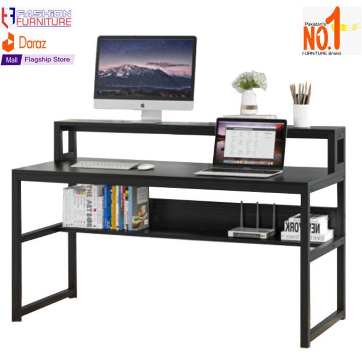 Computer Table with Shelves and Monitor Stand - Walnut Finish - Space Saving Design Desk- Table