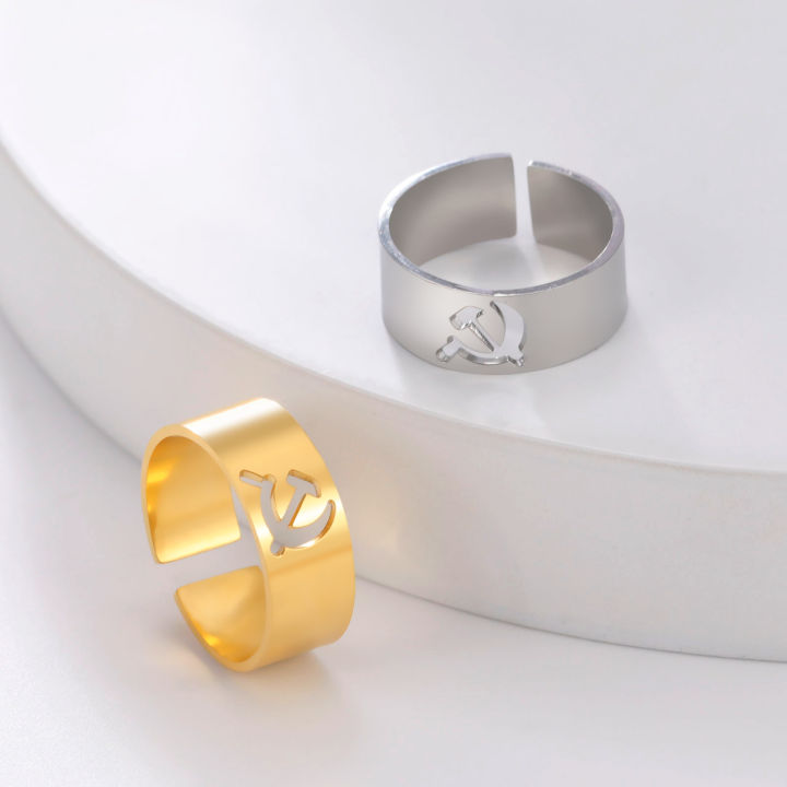 Skyrim Soviet Logo Hammer Sickle Ring Stainless Steel Opening Adjustable Vintage Jewelry Party Gift for Men and Women