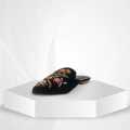 Embroidery Flat Pumps for Women – Multicolor Handwork, Black Velvet. 