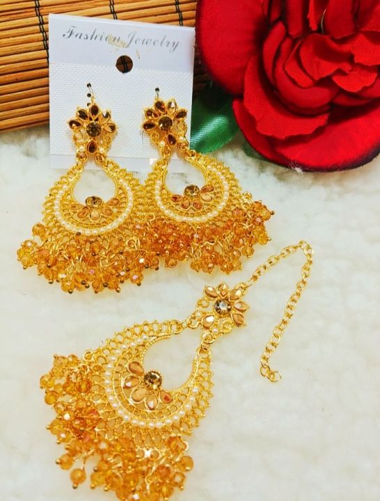 Artificial Golden Ear Rings With Beautyfull Tika New Big Pearl Latkan Style New Look Long Lasting Polish For Beautyfull Girls Artical 85603344