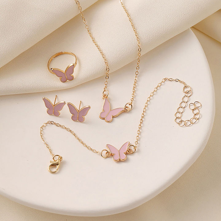 1Set Fashion Exquisite Simple Versatile Butterfly Necklace Bracelet Earrings Ring For Women Girls Wedding Party Jewelry Set Gift BYJ