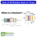 Pack of 60 Resistors 1/4W – Assorted 100Ω, 220Ω, 330Ω, 10KΩ, 56KΩ, 1MΩ (10 pcs each) Through-Hole Carbon Film Resistor Kit for Arduino, DIY Electronics & Repair by Electrica. 